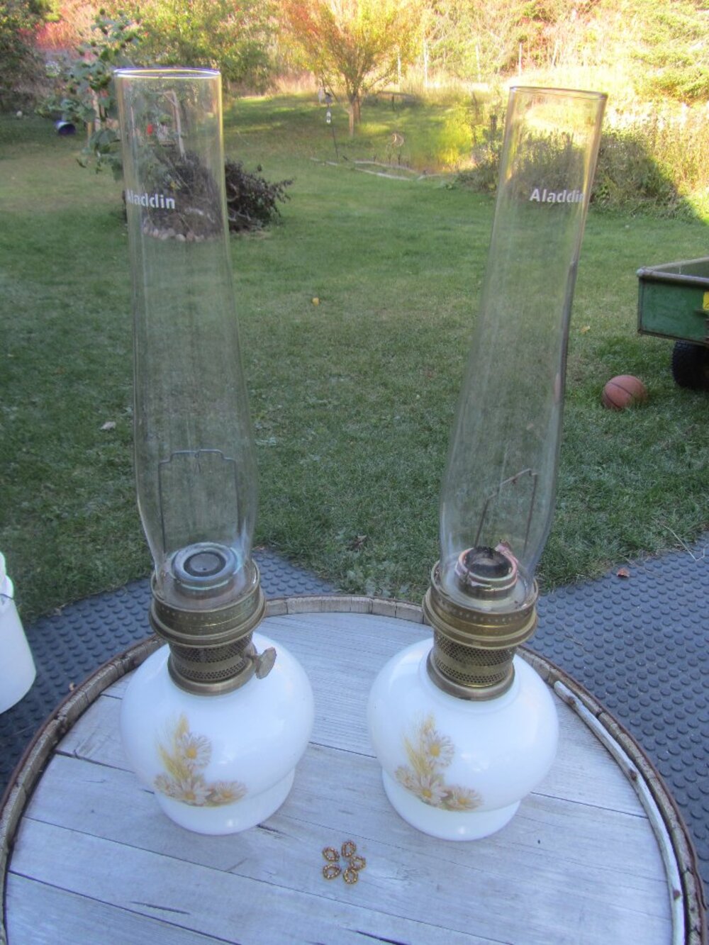 vtg pair of Aladin 23 kerosene lamps floral milk glass cottage core farmhouse